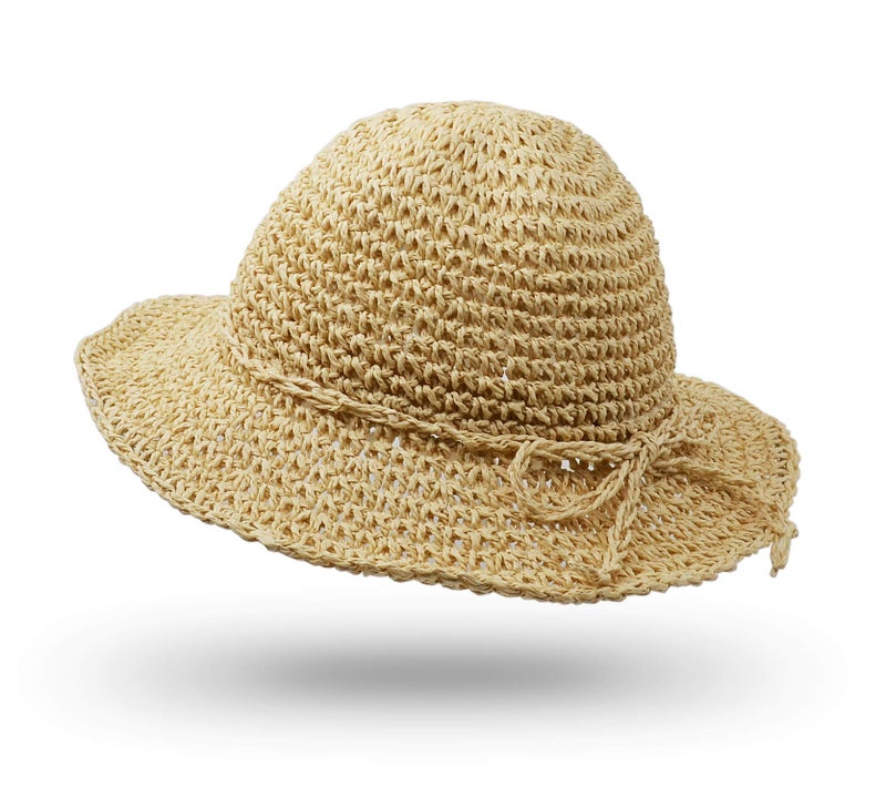 UltraKey Straw Hat, Handmade Beach Wide Brim Cap Foldable Outdoor Sun Hat Beach Headwear for Children Beige - Image 1